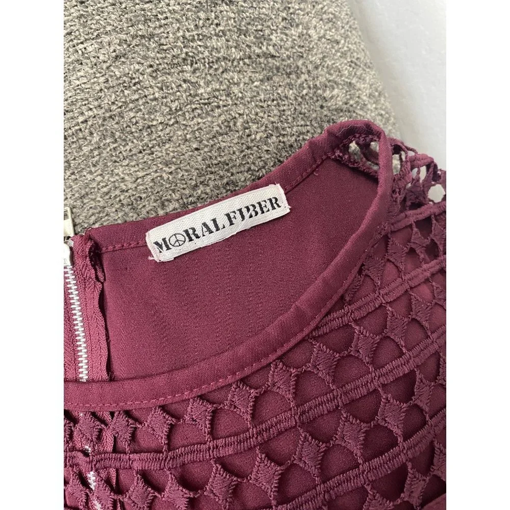 Women's Moral Fiber Burgundy Lace Crochet Zipper Back Blouse - Picture 7 of 8